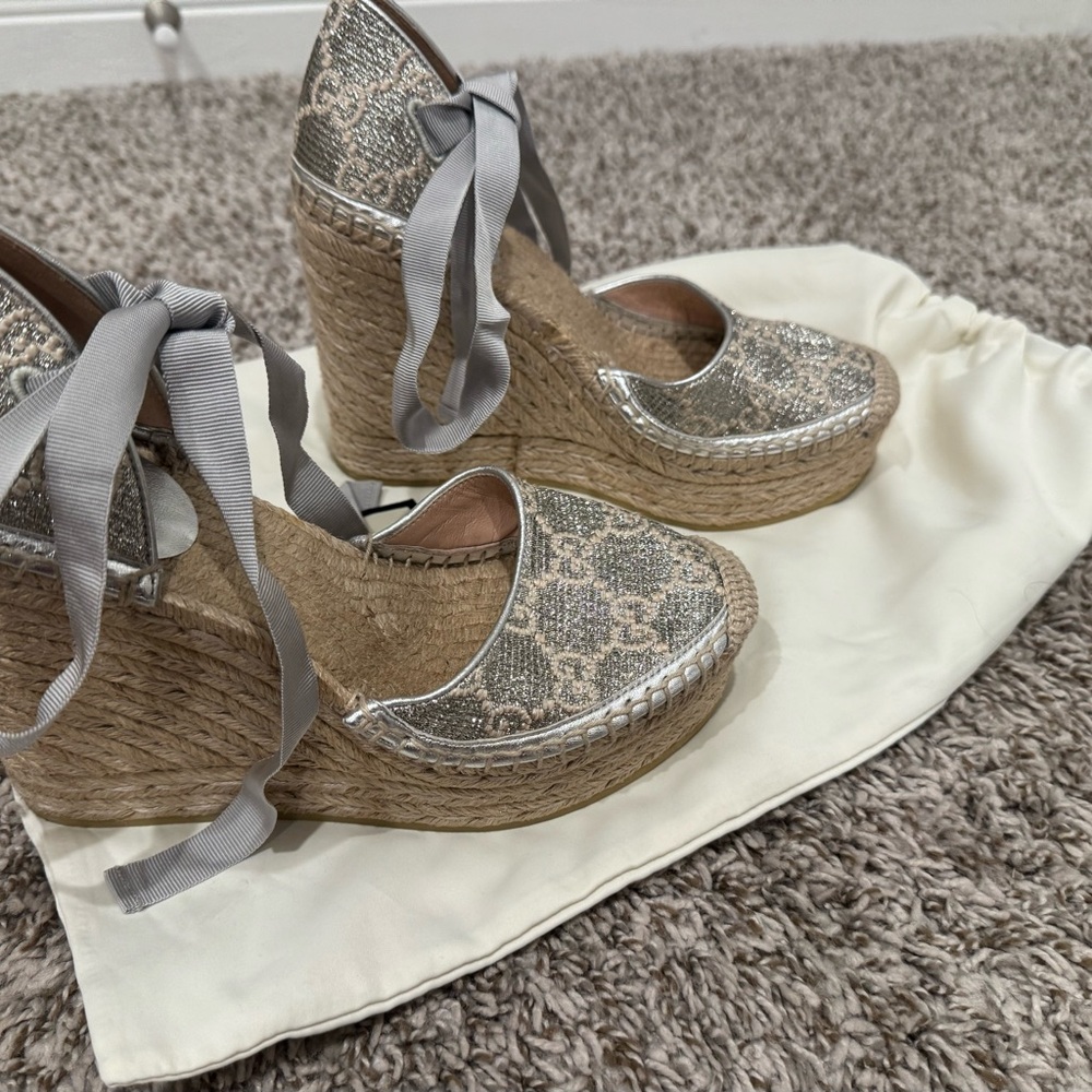 Gucci Silver Gray Wedges with Intricate Design